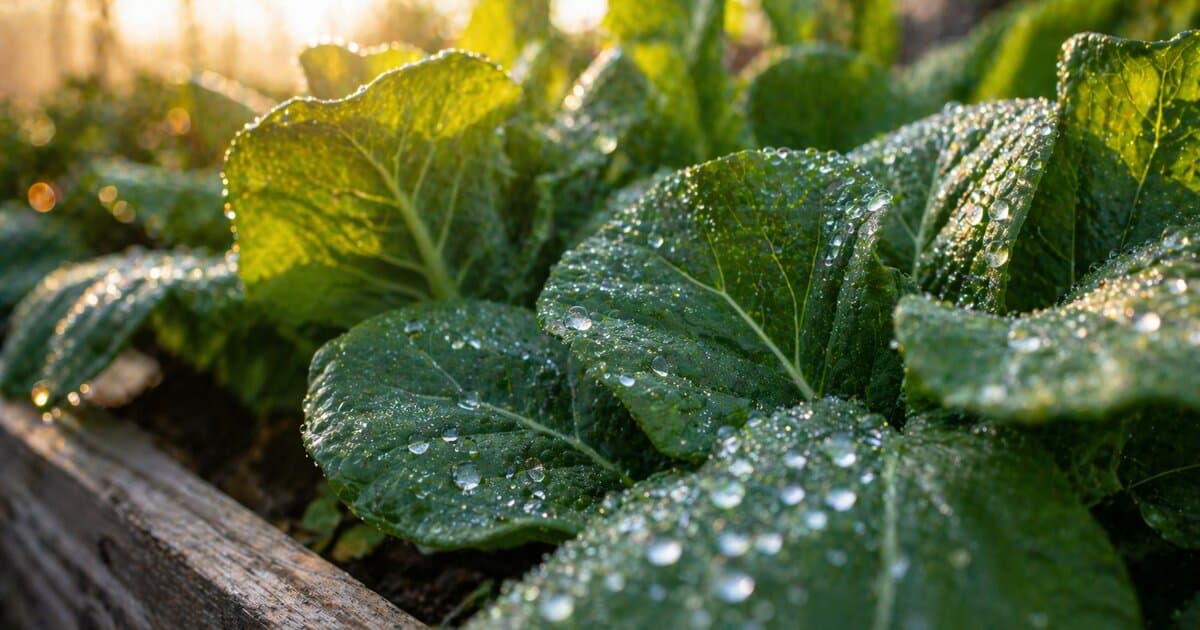 Close-up of water droplets on lush green vegetable leaves in a garden bed in morning light